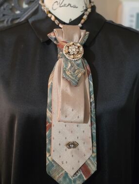 Beige and Teal Satin Tie Necklace with Gold Crystal Brooch -